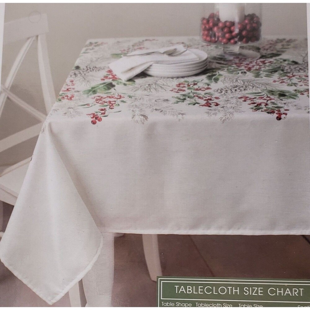 Printed Fabric Tablecloth,60"x84"Oval(6-8 ppl)CHRISTMAS,HOLLY BERRIES,HOLIDAY,BM
